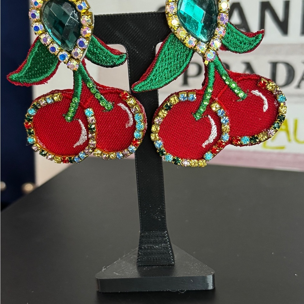 Cherry Statement Earrings – Rhinestone Crystal Fruit Design - Picture 2 of 3